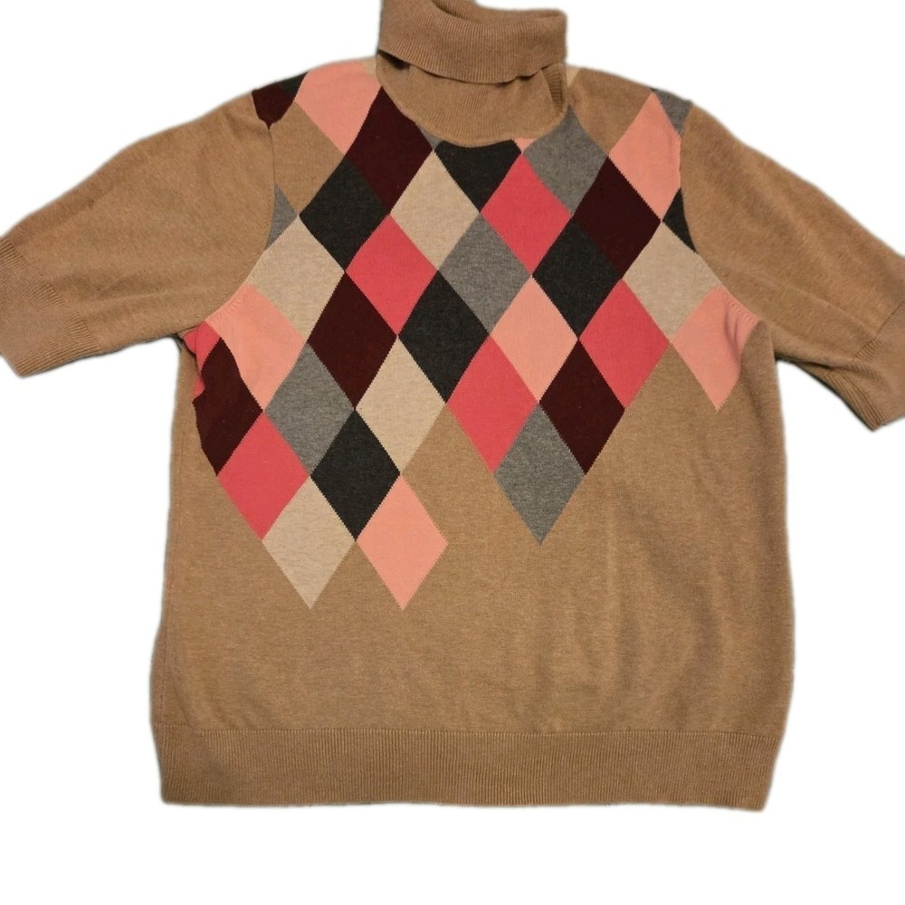Liz Claiborne Womens Sweater Argyle TurtleNeck Pink Brown Gray Cotton Preppy